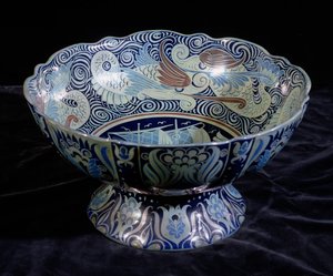 Punch Bowl with a Ship in the Centre and a Frieze of Fish and Waves around the Rim, Painted by Fred Passenger by William de Morgan